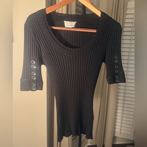 3.1 Phillip Lim Black Top Ribbed Wool Blend Stretchy Short Button Sleeve Women S
